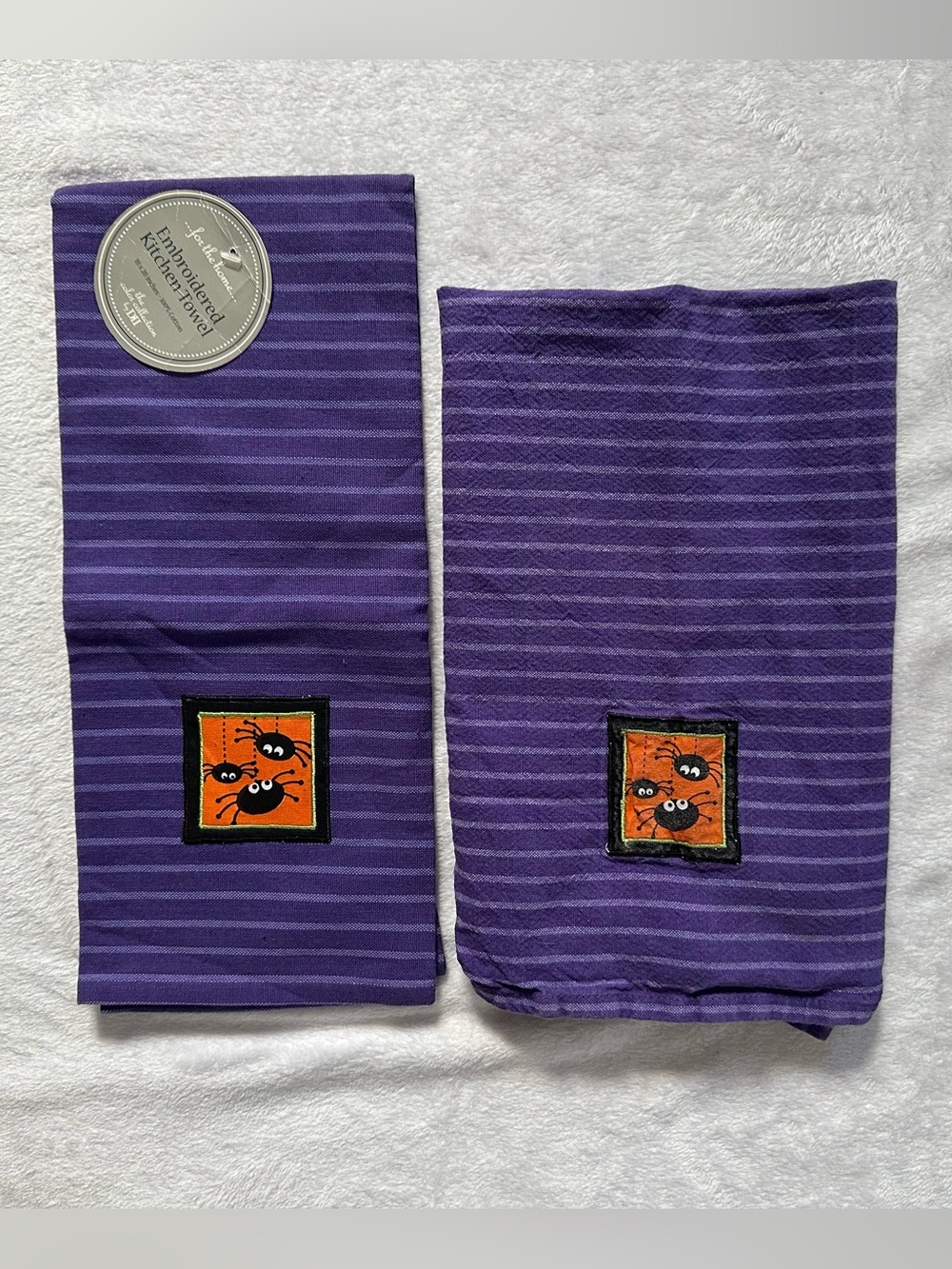 Halloween Spooky Spiders Striped Embroidered Kitchen Towel Purple Orange DII Y2K